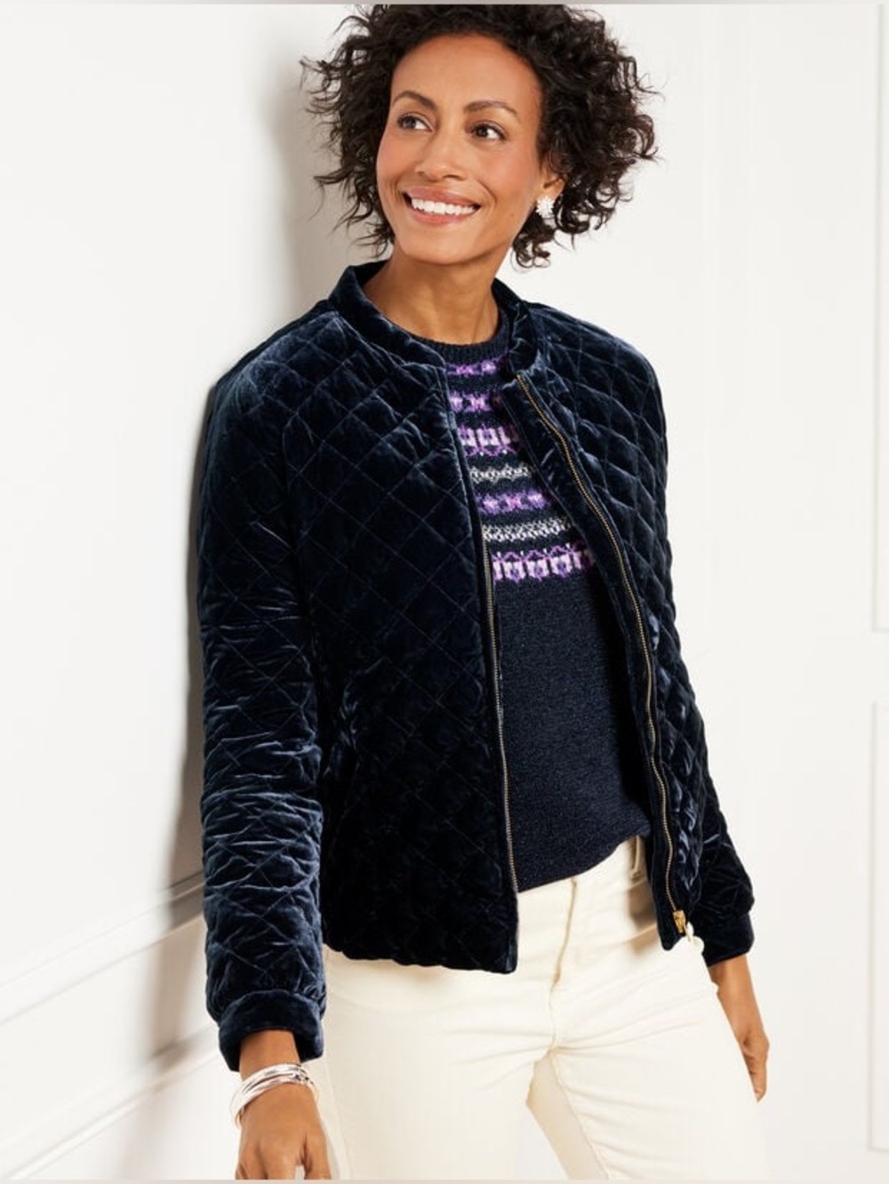 TALBOTS VELVET QUILTED BOMBER JACKET Down Fill Full zip Large Petite Black